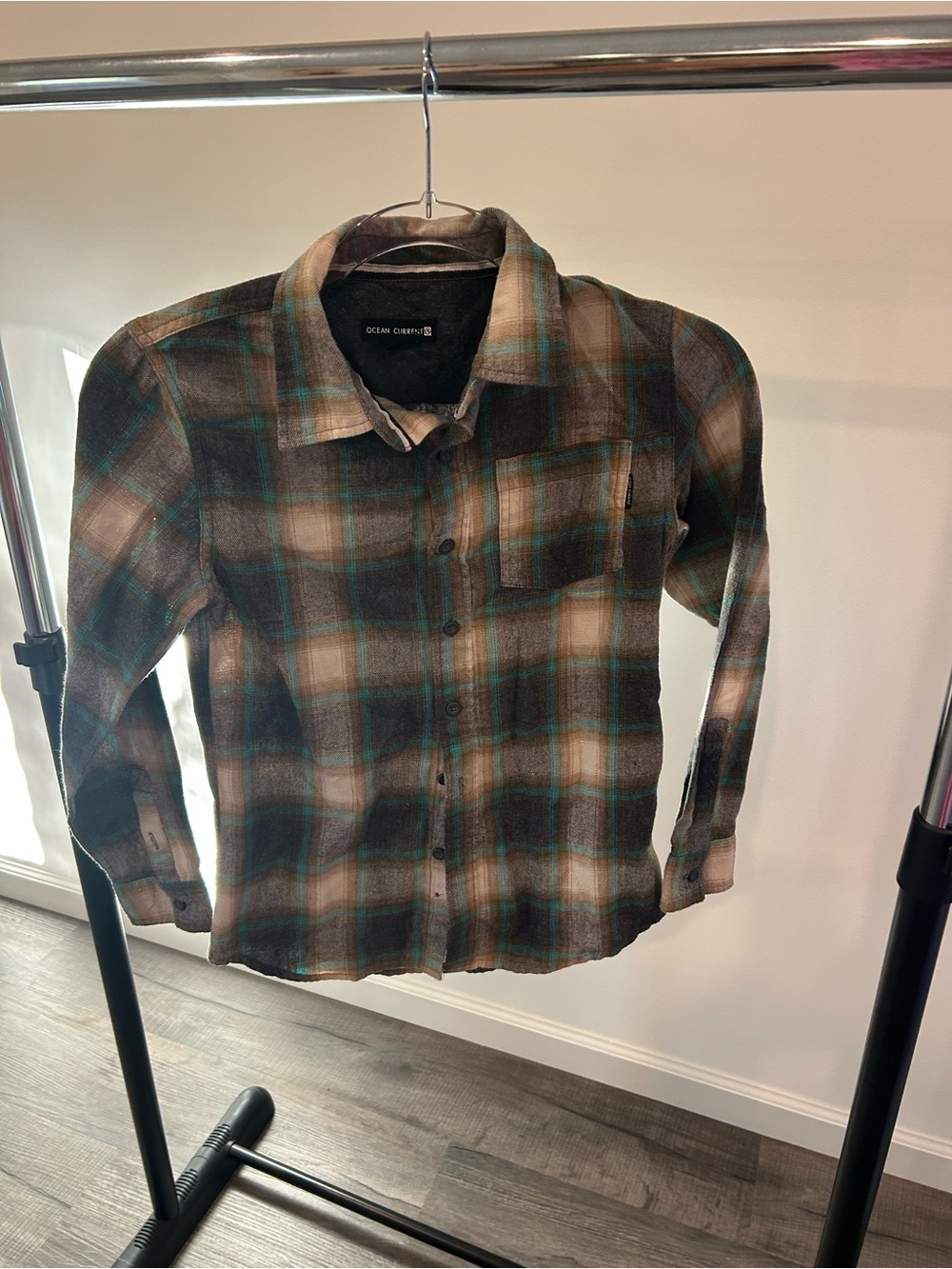 Ocean Current Plaid Button-Down Shirt in Brown and Teal